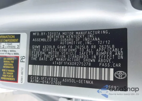 2013 Toyota Camry Le z USA, uszkodzony, nr VIN 4T4BF1FK6DR275278